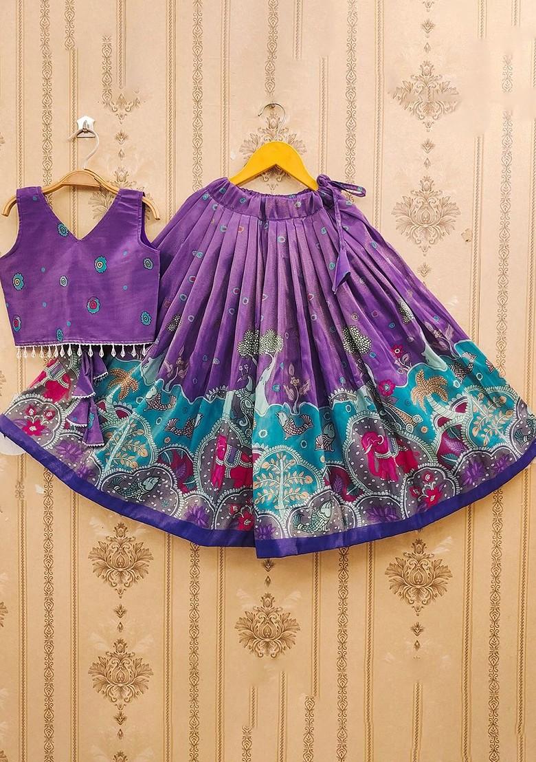 Purple Printed Blended Lehenga Choli For Girls - Indya