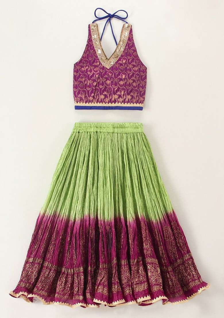 Magenta Printed Blended Lehenga Choli For Girls - Indya