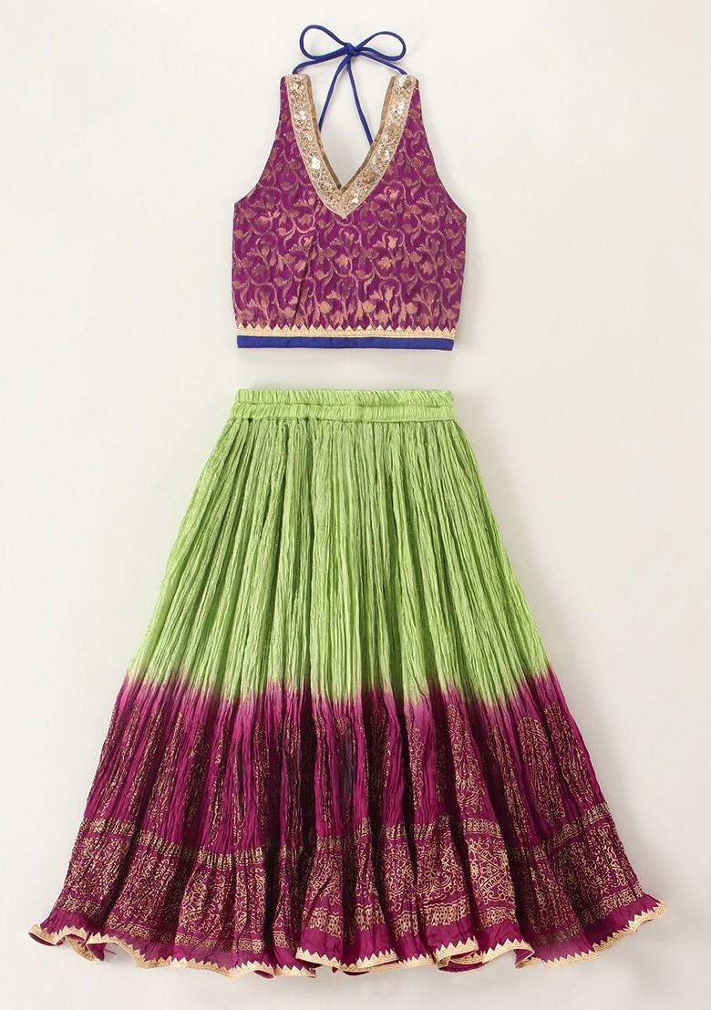 Magenta Printed Blended Lehenga Choli For Girls - Indya