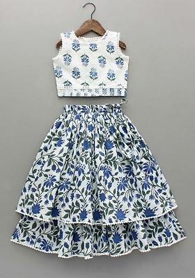 Turquoise Blue Printed Blended Lehenga Choli For Girls