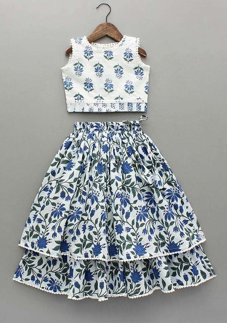 Turquoise Blue Printed Blended Lehenga Choli For Girls - Indya