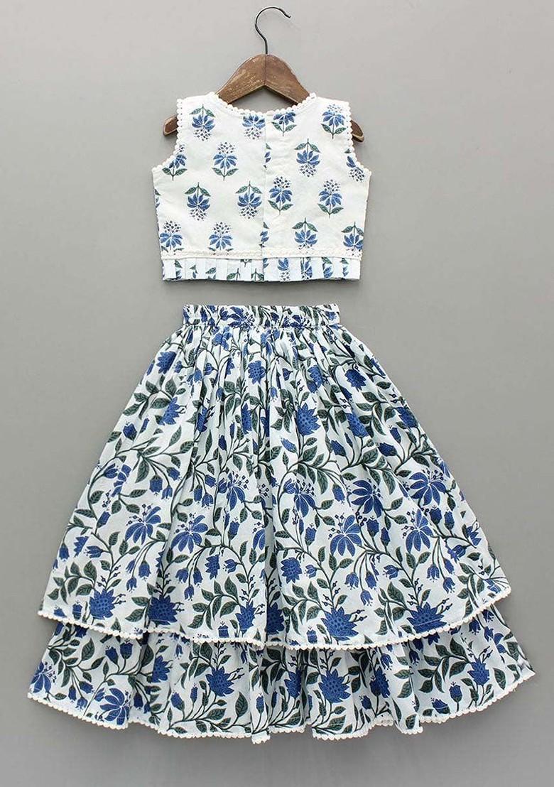 Turquoise Blue Printed Blended Lehenga Choli For Girls - Indya