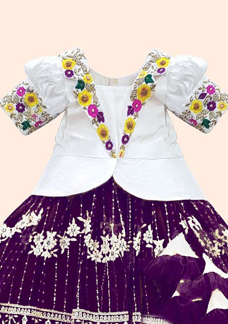 Purple Embroidered Net Lehenga Choli For Girls - Indya