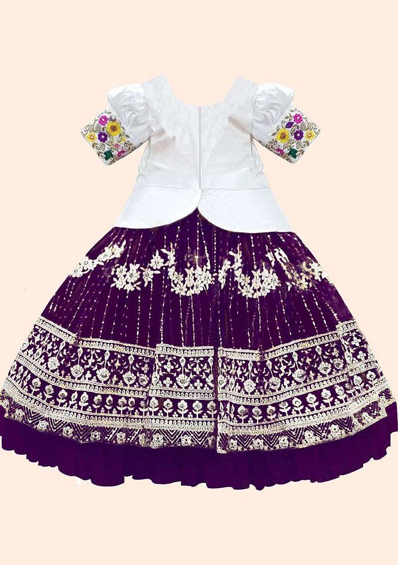 Purple Embroidered Net Lehenga Choli For Girls - Indya