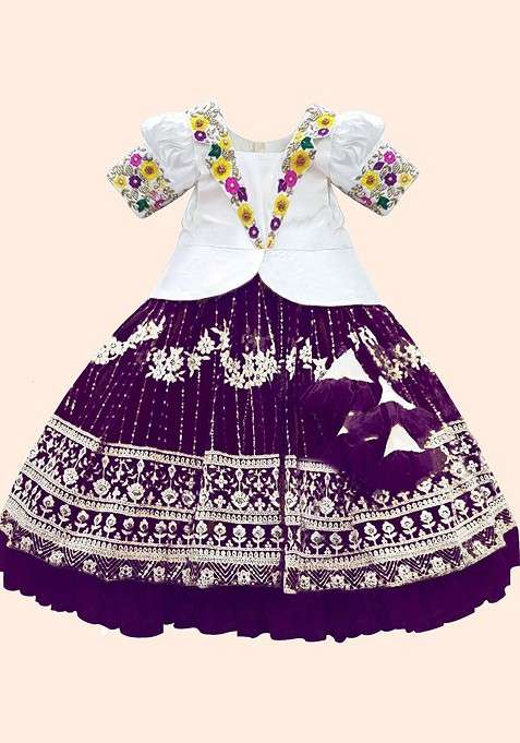Purple Embroidered Net Lehenga Choli For Girls