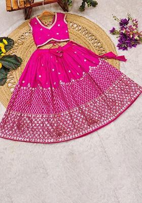 Pink Embellished Blended Lehenga Choli For Girls
