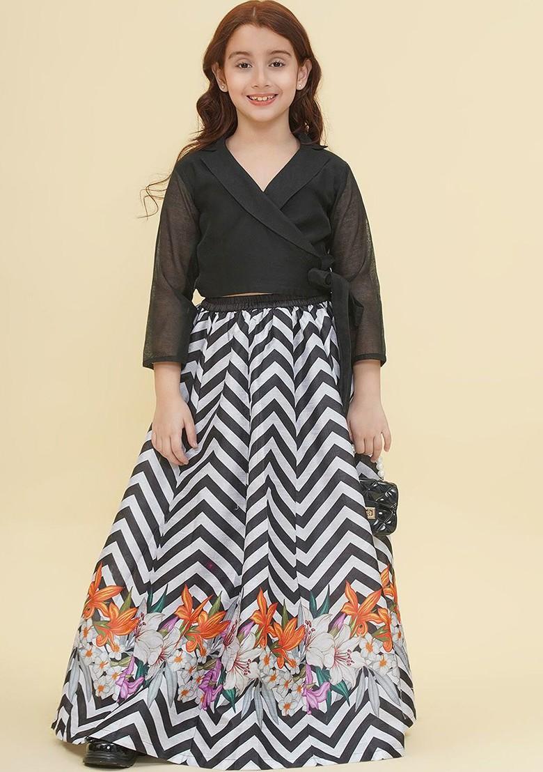 Black Embroidered Blended Lehenga Choli For Girls - Indya