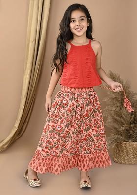 Peach Embroidered Cotton Blend Lehenga Choli For Girls