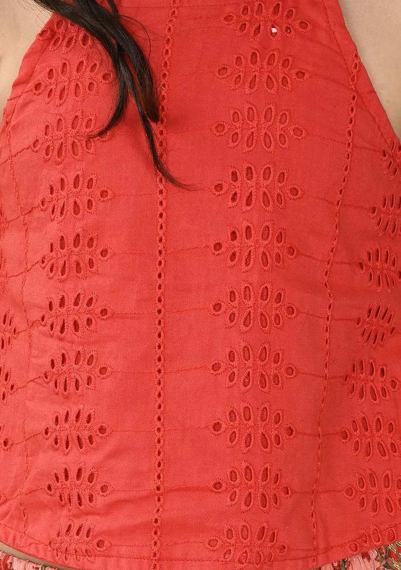 Peach Embroidered Cotton Blend Lehenga Choli For Girls - Indya