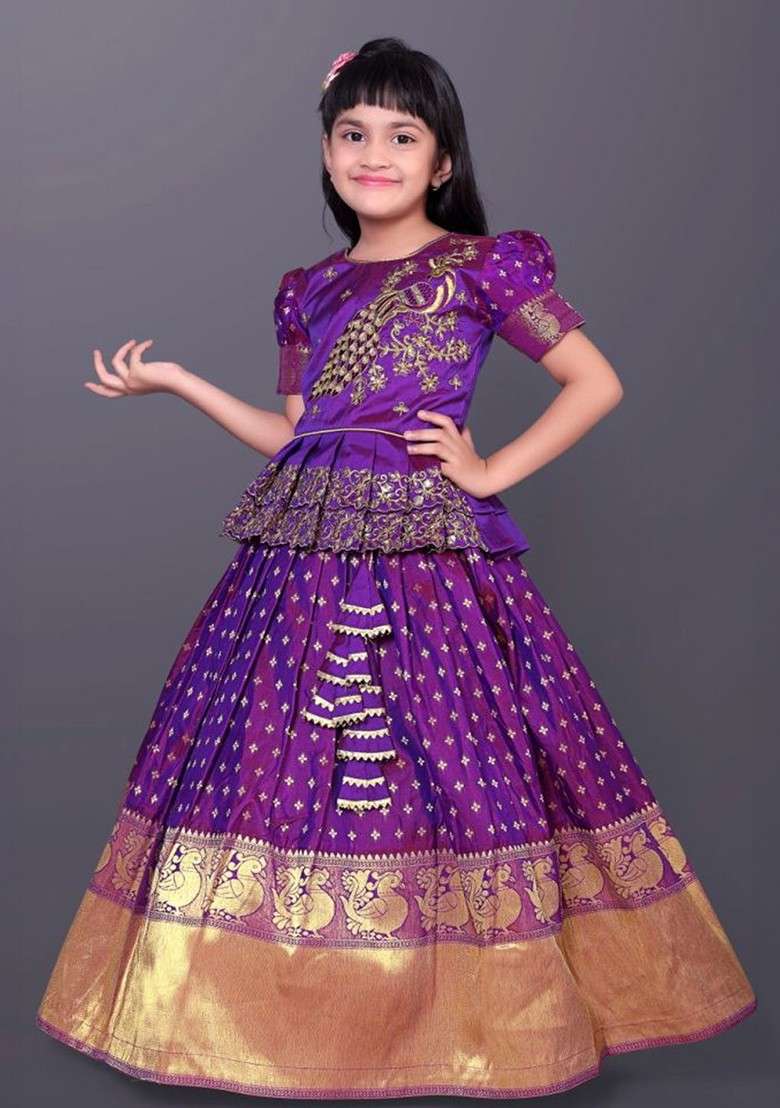 Violet Embroidered Blended Lehenga Choli For Girls - Indya