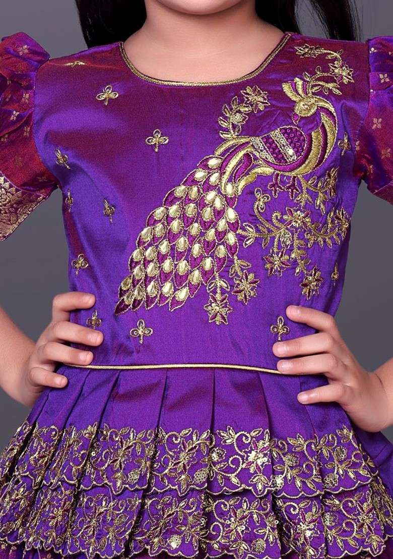 Violet Embroidered Blended Lehenga Choli For Girls - Indya