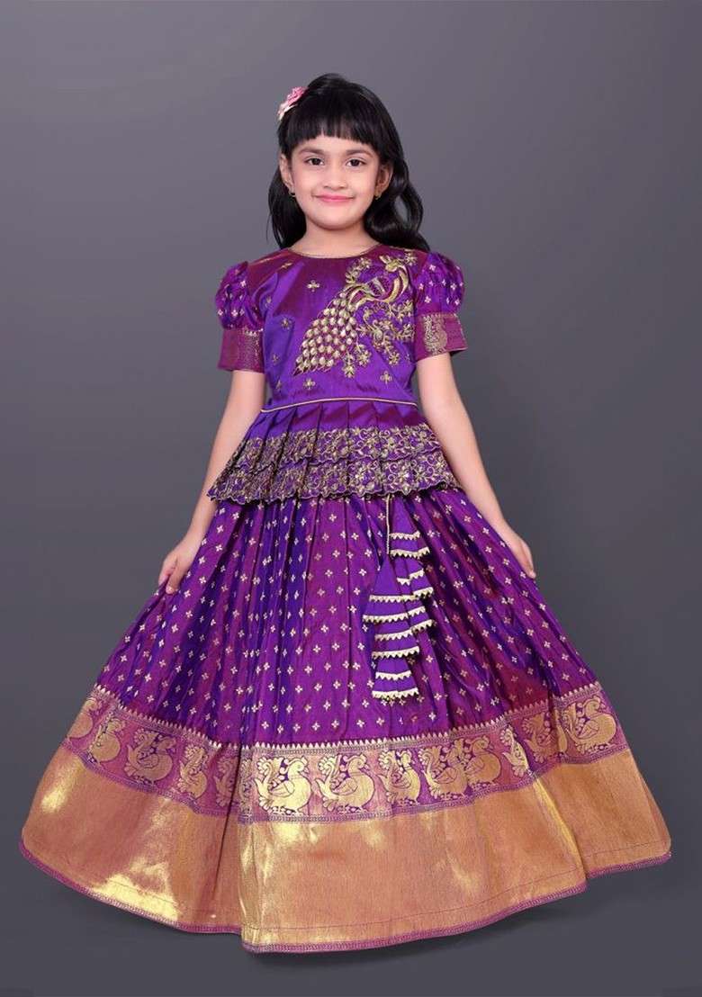 Violet Embroidered Blended Lehenga Choli For Girls - Indya