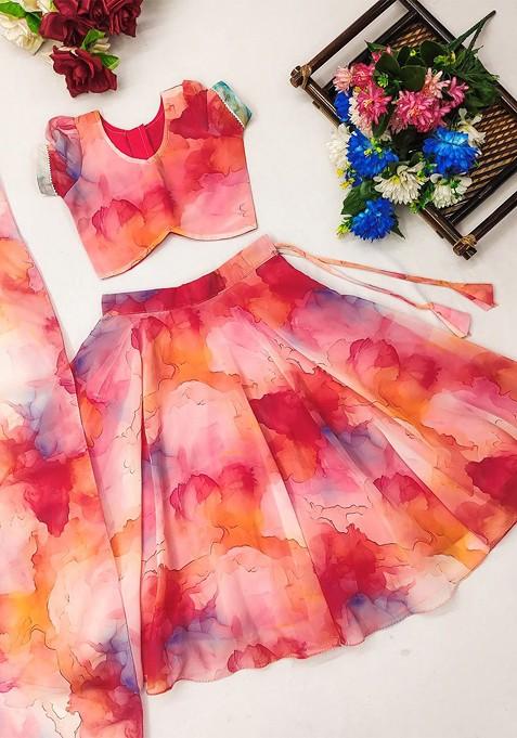 Pink Printed Blended Lehenga Choli For Girls — view on Indya