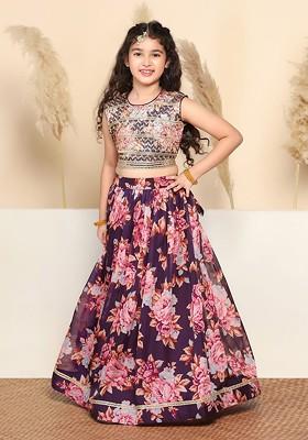 Violet Embroidered Blended Lehenga Choli For Girls