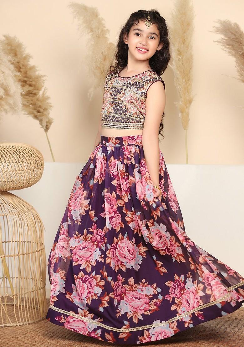 Violet Embroidered Blended Lehenga Choli For Girls - Indya