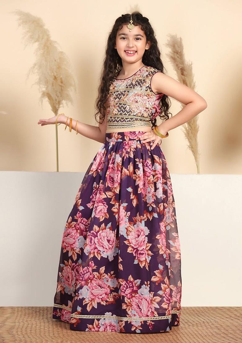 Violet Embroidered Blended Lehenga Choli For Girls - Indya