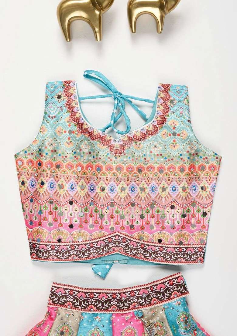 Pink Printed Silk Lehenga Choli For Girls - Indya