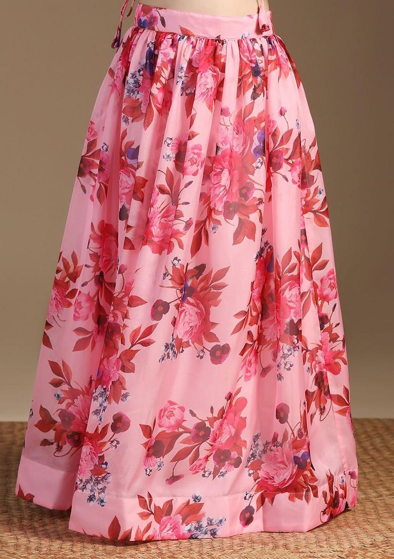 Peach Printed Blended Lehenga Choli For Girls - Indya