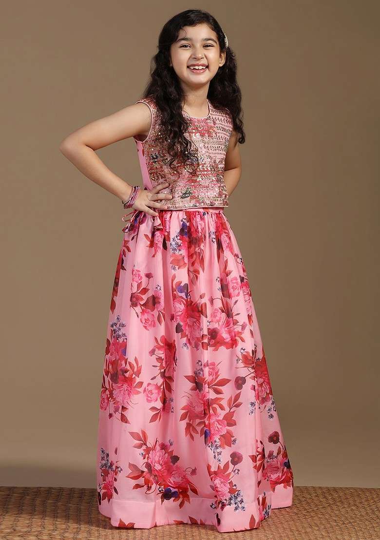 Peach Printed Blended Lehenga Choli For Girls - Indya