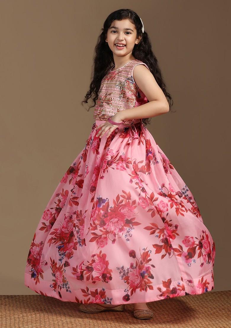 Peach Printed Blended Lehenga Choli For Girls - Indya