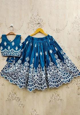 Teal Embroidered Blended Lehenga Choli For Girls