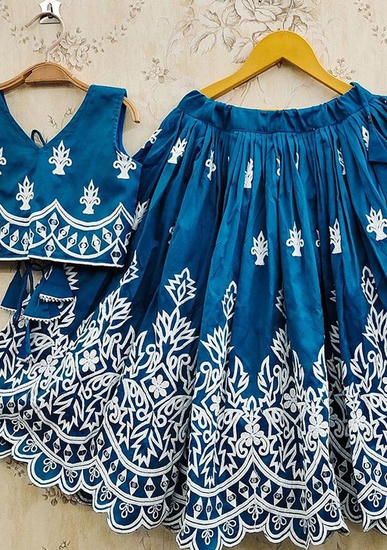 Teal Embroidered Blended Lehenga Choli For Girls - Indya