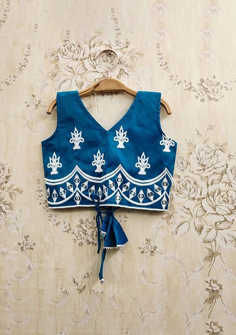 Teal Embroidered Blended Lehenga Choli For Girls - Indya