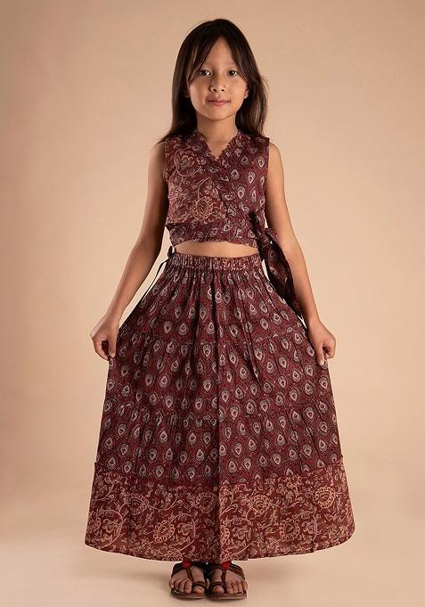 Maroon Printed Cotton Blend Lehenga Choli For Girls — view on Indya