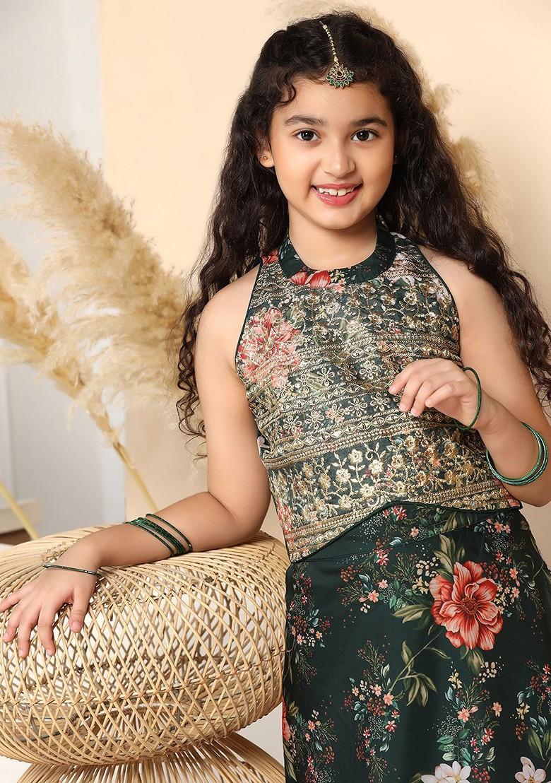 Green Printed Blended Lehenga Choli For Girls - Indya