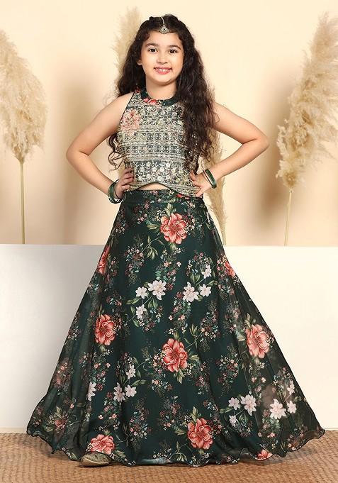 Green Printed Blended Lehenga Choli For Girls