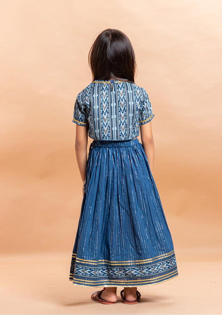 Blue Printed Cotton Blend Lehenga Choli For Girls - Indya