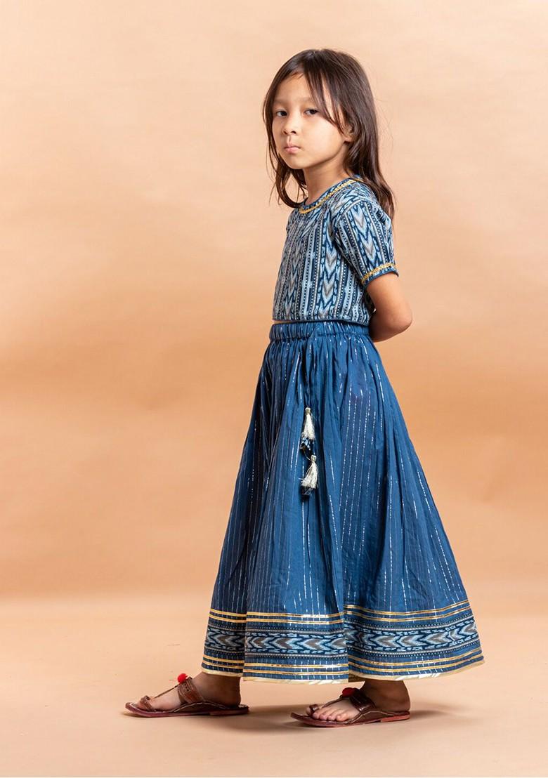 Blue Printed Cotton Blend Lehenga Choli For Girls - Indya