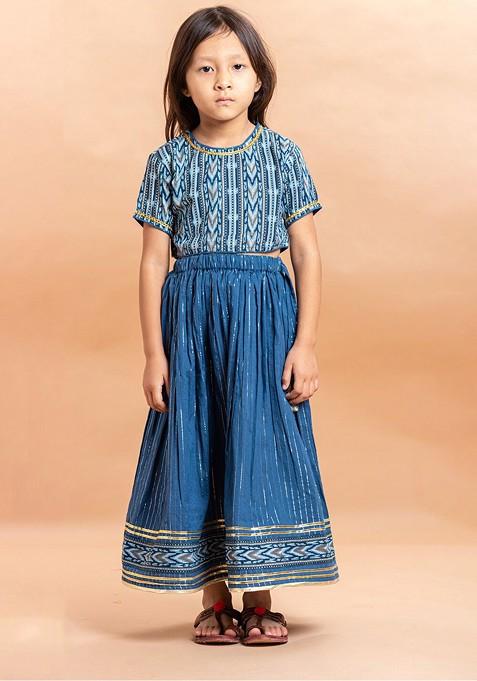 Blue Printed Cotton Blend Lehenga Choli For Girls — view on Indya