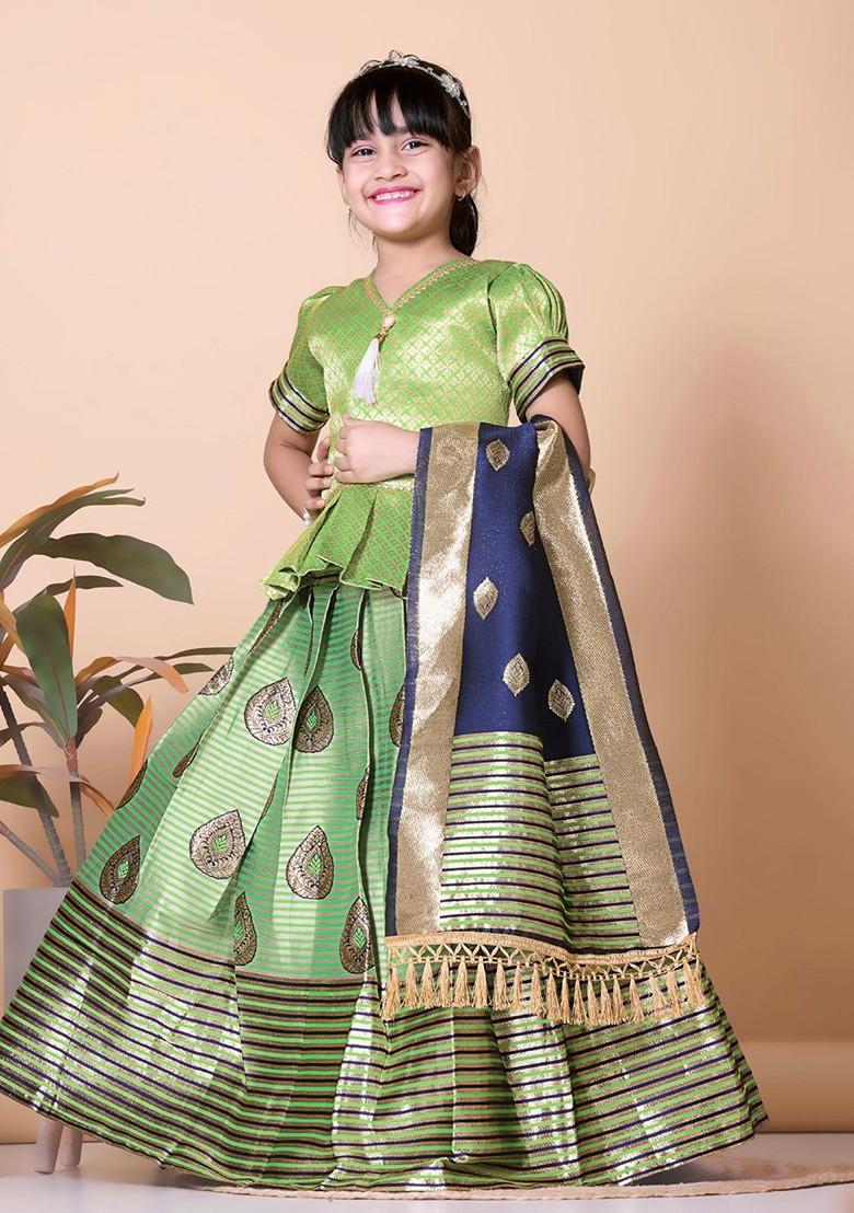 Lime Green Embroidered Blended Lehenga Choli For Girls - Indya