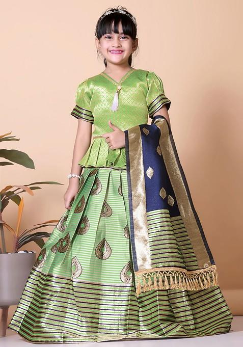Lime Green Embroidered Blended Lehenga Choli For Girls — view on Indya