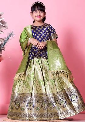 Olive Embroidered Blended Lehenga Choli For Girls