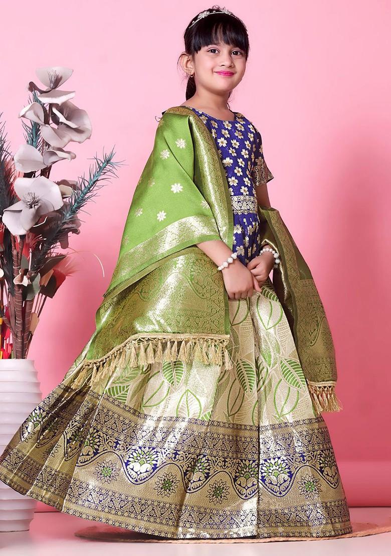 Olive Embroidered Blended Lehenga Choli For Girls - Indya