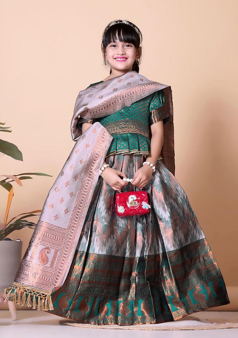 Teal Embroidered Blended Lehenga Choli For Girls - Indya