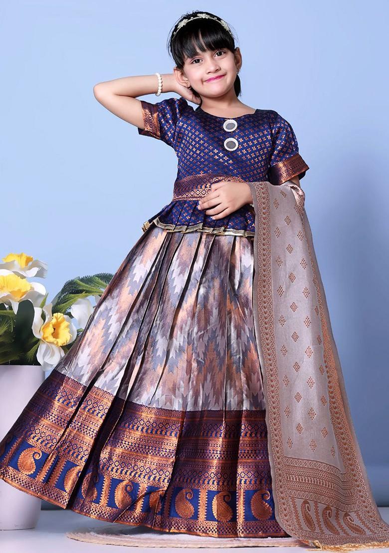 Navy Blue Embroidered Blended Lehenga Choli For Girls - Indya