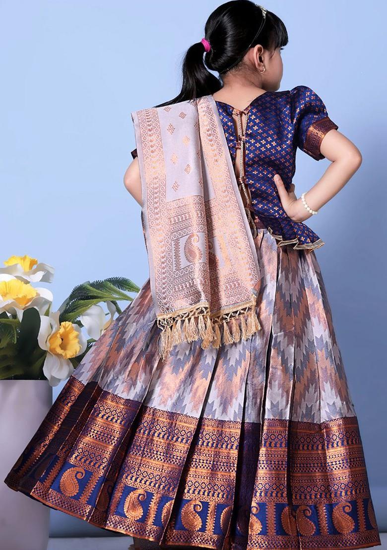 Navy Blue Embroidered Blended Lehenga Choli For Girls - Indya