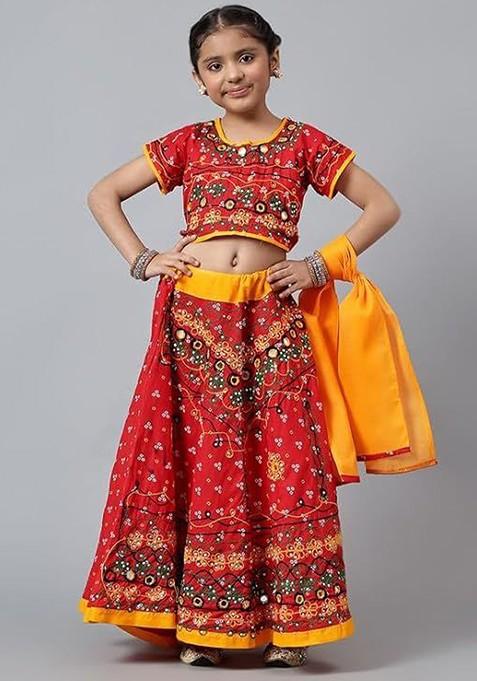 Red Embroidered Blended Lehenga Choli For Girls