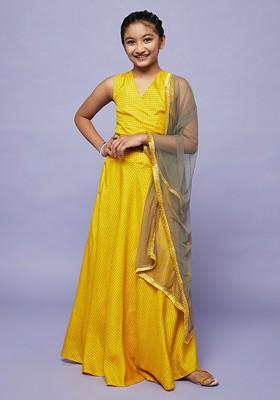 Yellow Embroidered Net Lehenga Choli For Girls