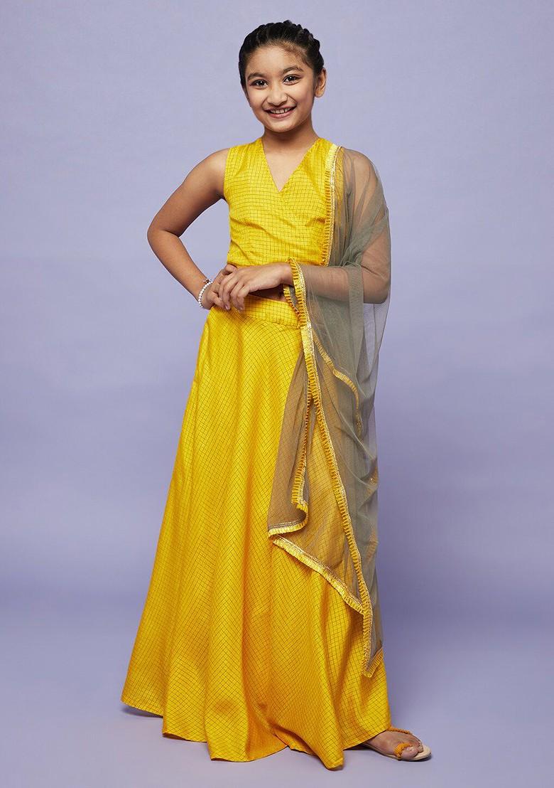 Yellow Embroidered Net Lehenga Choli For Girls - Indya