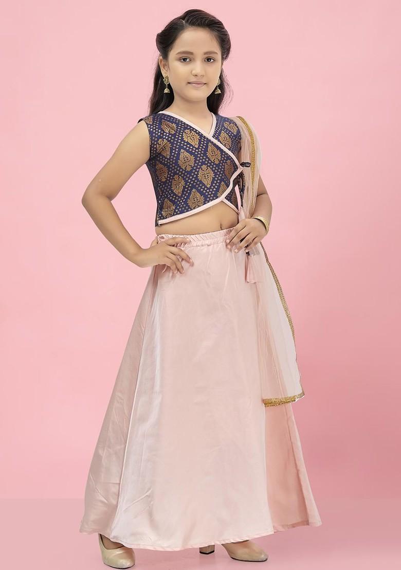 Navy Blue Embroidered Silk Lehenga Choli For Girls - Indya