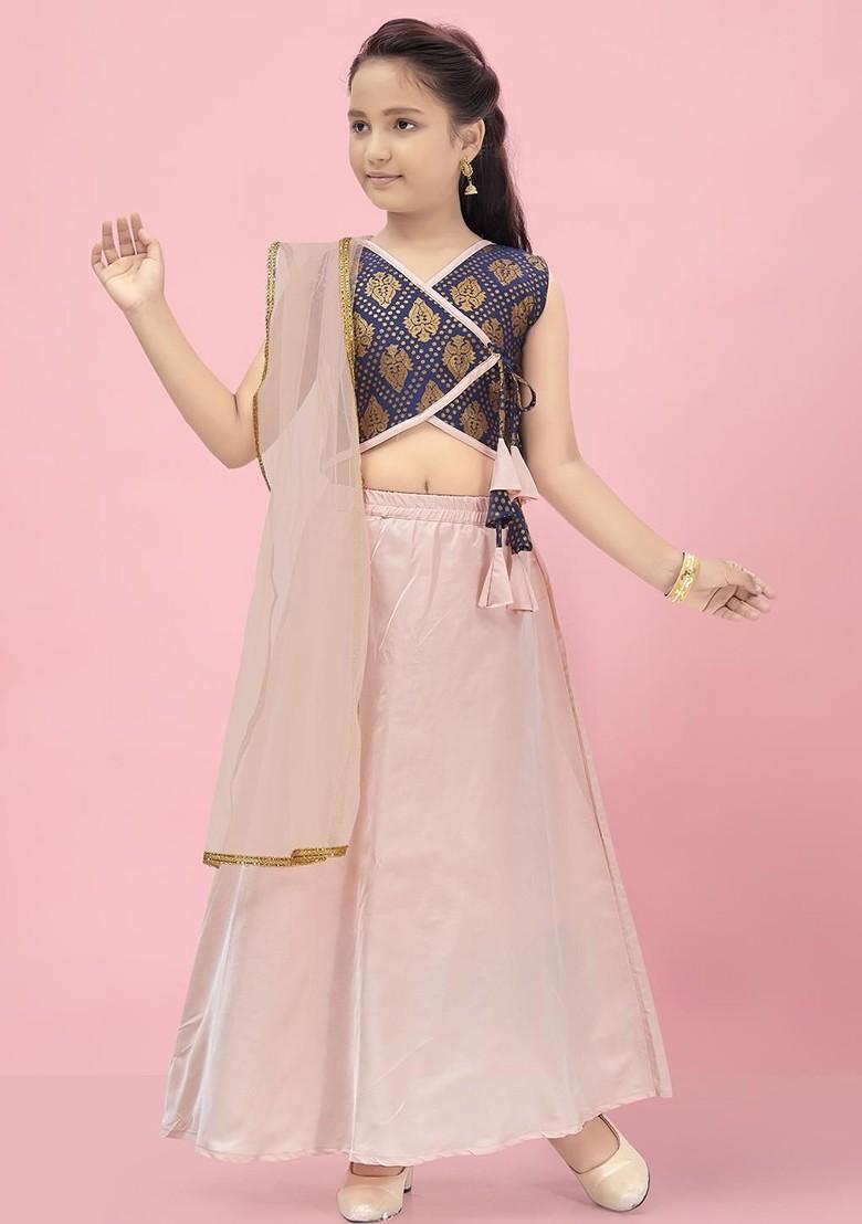 Navy Blue Embroidered Silk Lehenga Choli For Girls - Indya