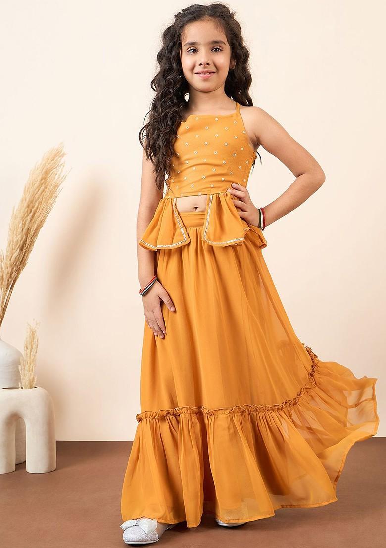Mustard Printed Blended Lehenga Choli For Girls - Indya