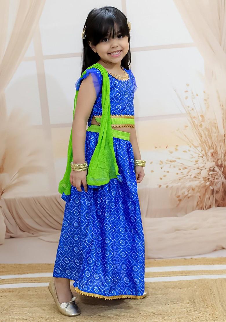 Blue Printed Blended Lehenga Choli For Girls - Indya