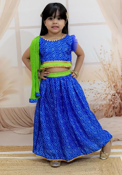 Blue Printed Blended Lehenga Choli For Girls — view on Indya