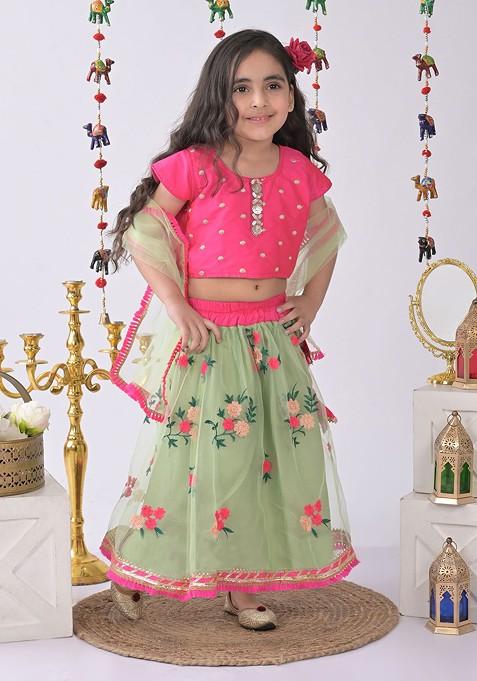 Green Printed Blended Lehenga Choli For Girls — view on Indya