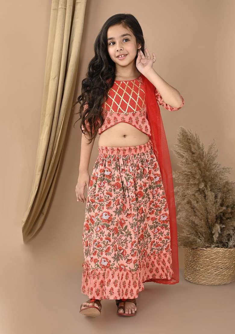 Peach Printed Cotton Blend Lehenga Choli For Girls - Indya